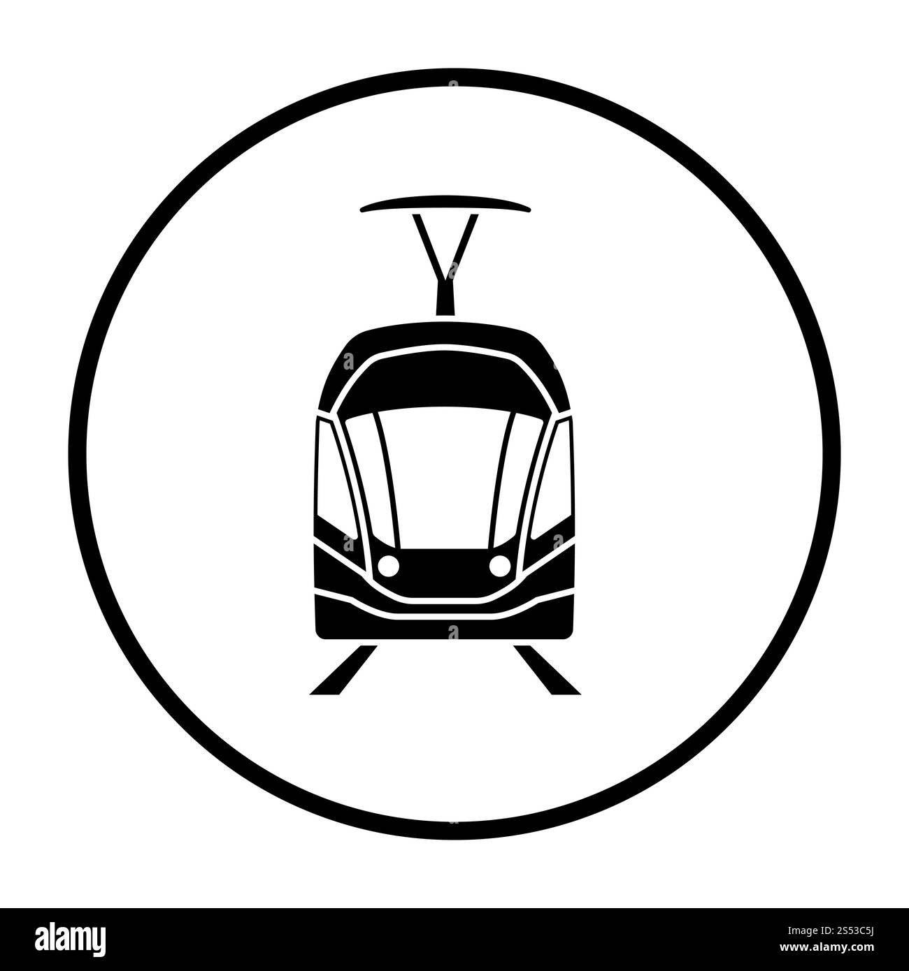 Icona del Tram vista frontale. Cerchio sottile design Stencil. Illustrazione Vettoriale. Foto Stock