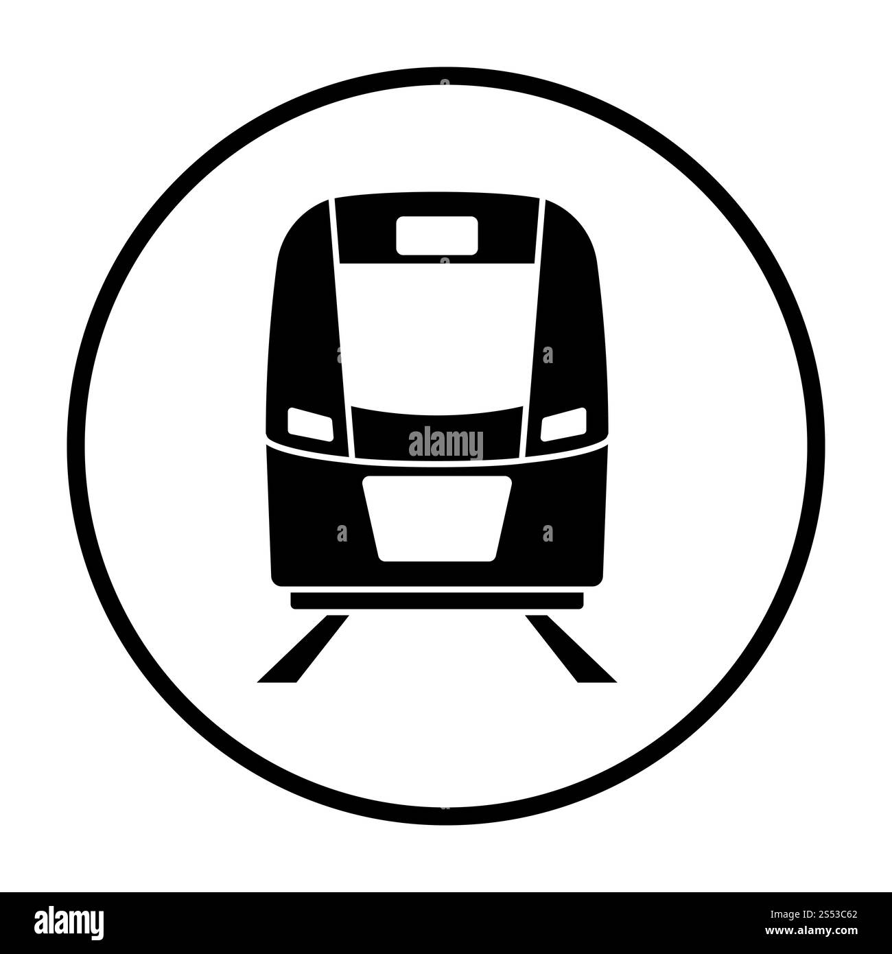 Icona del treno vista frontale. Cerchio sottile design Stencil. Illustrazione Vettoriale. Foto Stock