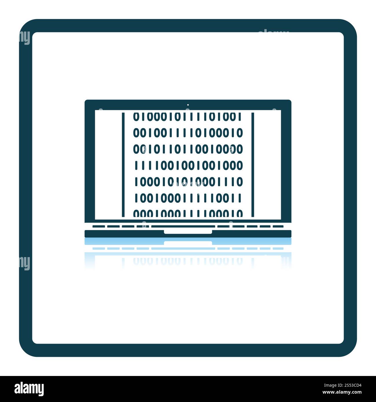 Computer portatile con il codice binario e la relativa icona. Piazza riflessione Shadow Design. Illustrazione Vettoriale. Foto Stock