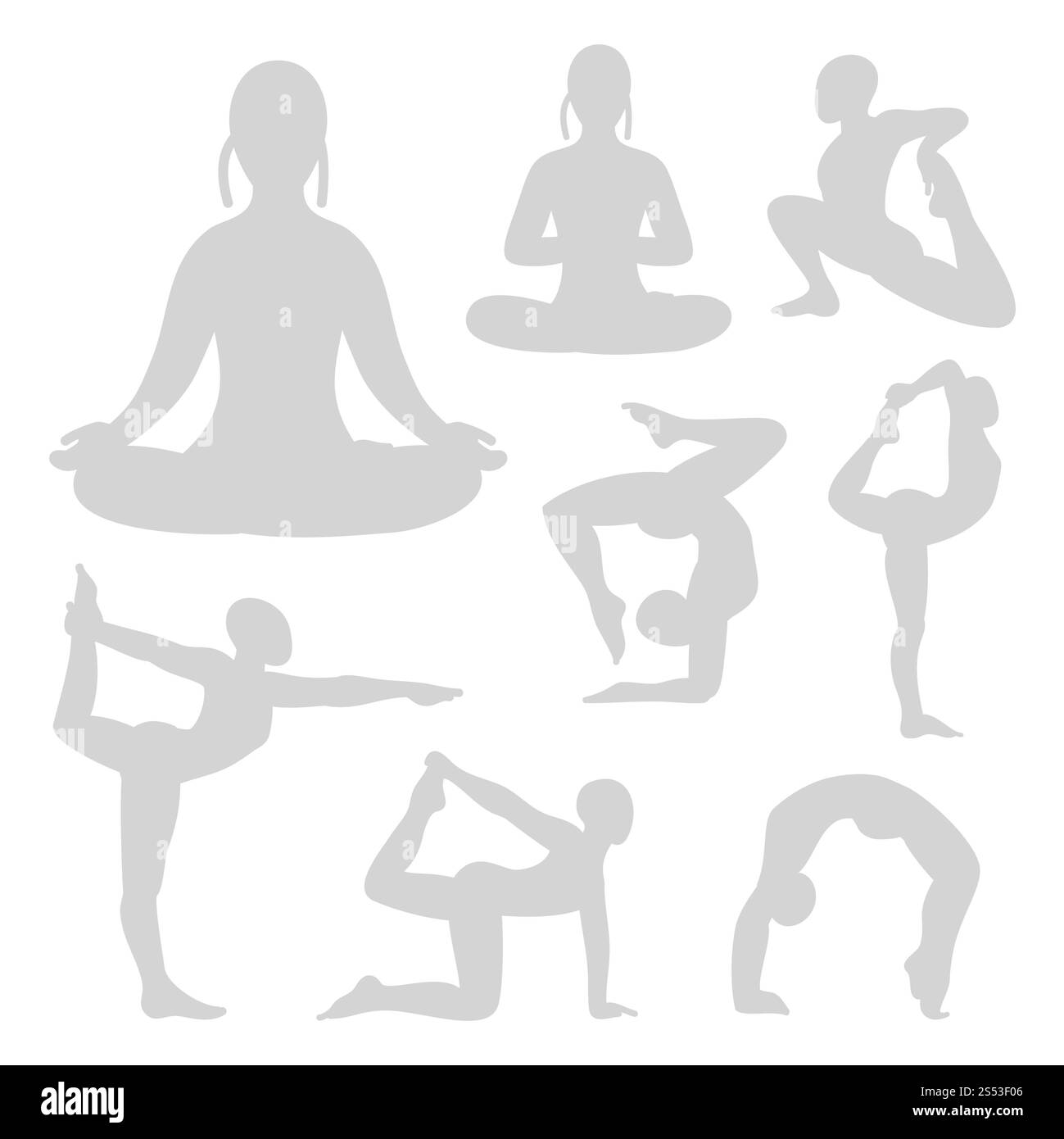 Set di silhouette per lo yoga pilates grigie. Donna sana raccolta posa. Illustrazione vettoriale. Set di silhouette per lo yoga pilates grigie Foto Stock