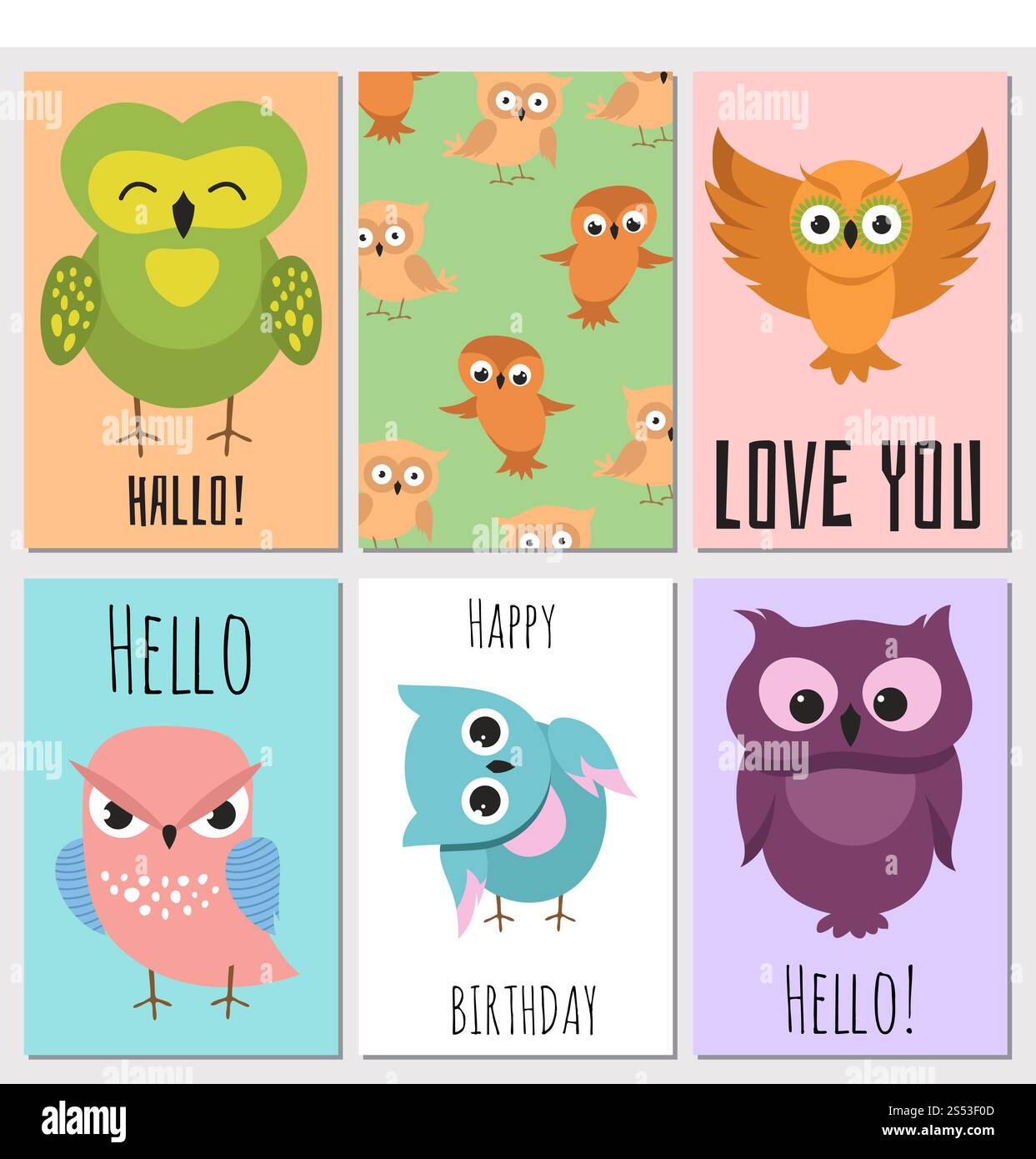Carte per bambini con carino cartone animato gufo. Personaggio del vettore sulla foto del compleanno della carta Foto Stock