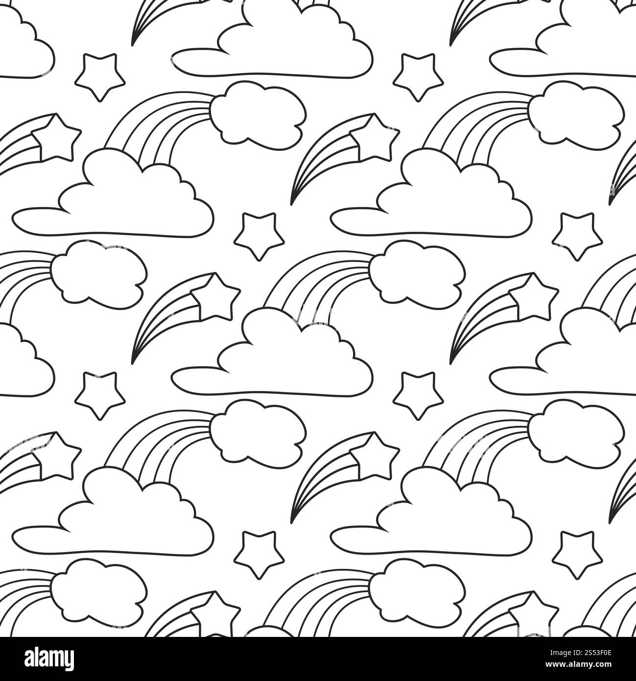 Nuvole, stelle, sfondo arcobaleno senza cuciture. Cartoni animati per libro da colorare per bambini. Illustrazione vettoriale. Nuvole, stelle, arcobaleno senza cuciture Foto Stock