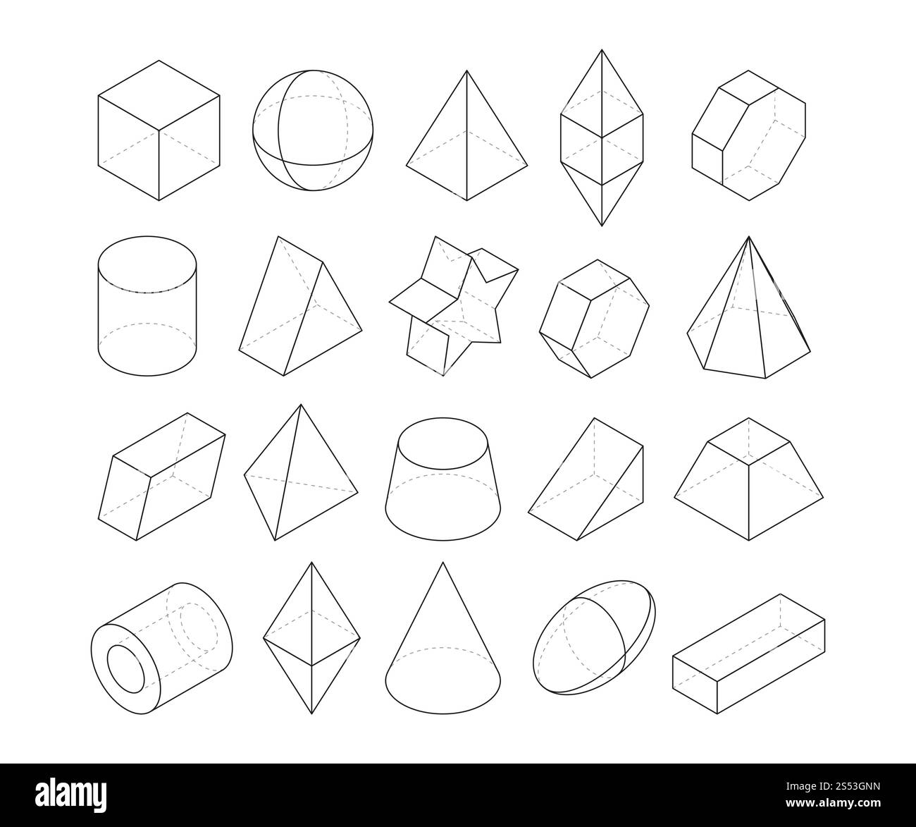 Illustrazioni in monolina. Quadri di diverse forme geometriche. Geometria lineare figura poligono, ottaedro e piramide, cono geometrico vettoriale e. Foto Stock