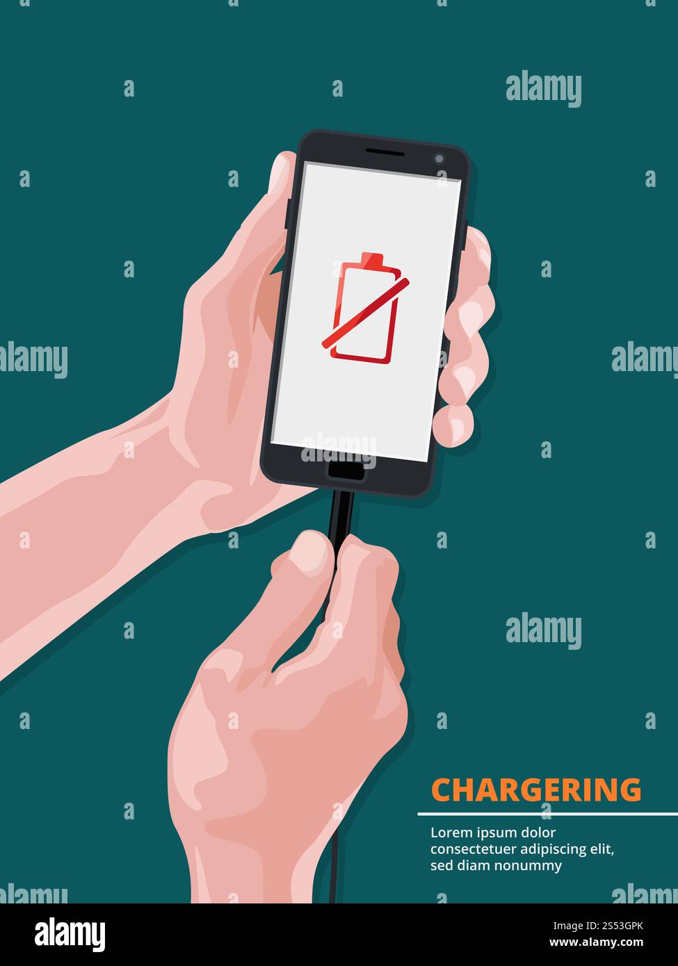Uomo che tiene in mano uno smartphone con un'immagine sullo schermo quando la batteria è scarica. Alimenta la batteria e ricarica il telefono. Illustrazione vettoriale. Uomo con smartphone Foto Stock