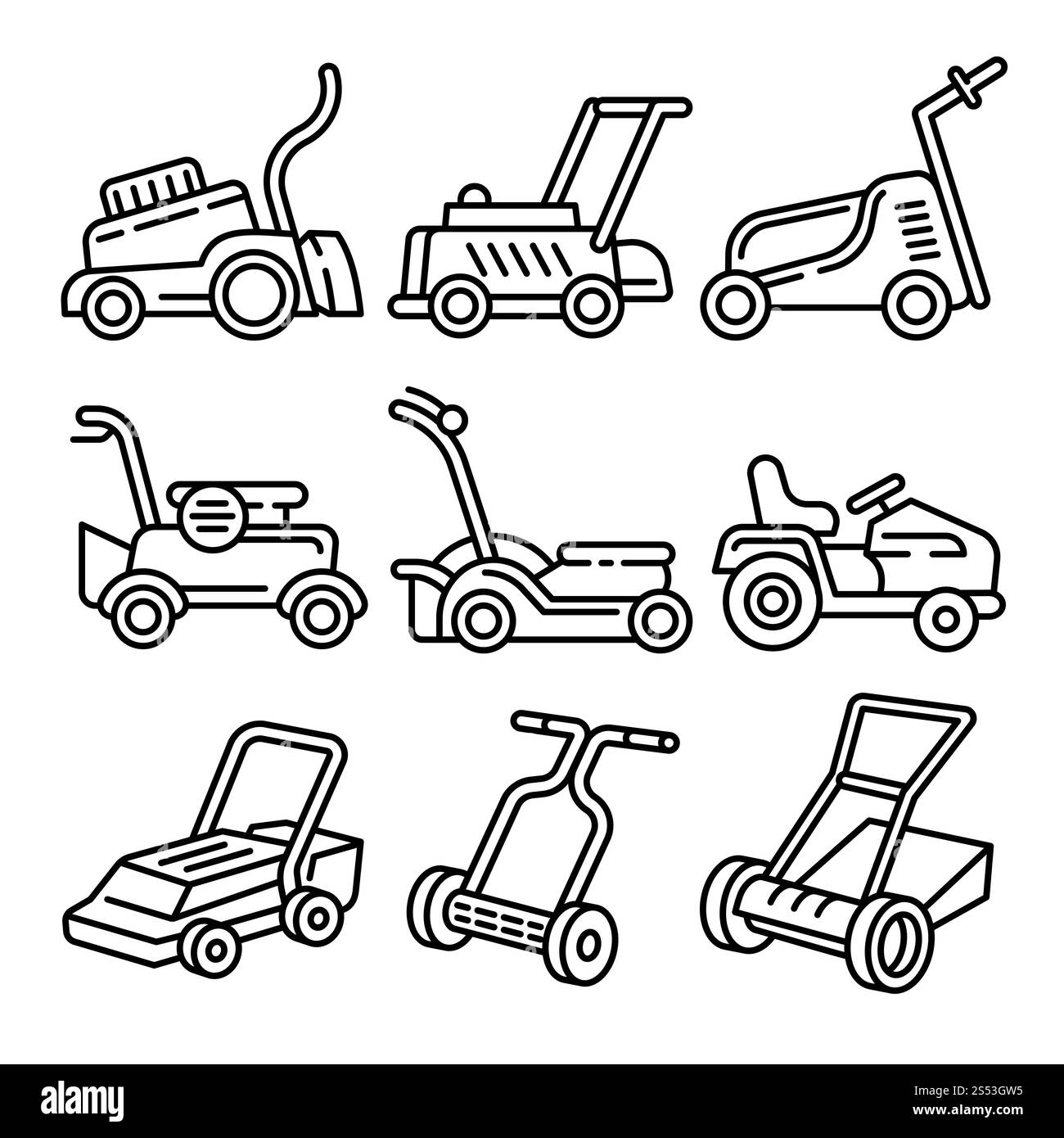 Set icone rasaerba. Contorno delle icone vettoriali del rasaerba per la progettazione Web isolato su sfondo bianco. Set di icone del rasaerba, stile del contorno Foto Stock