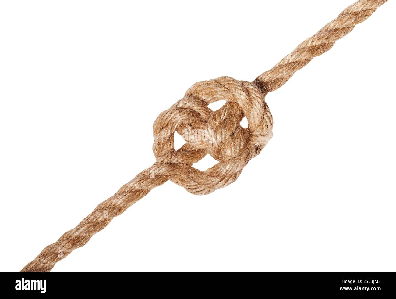 Un altro lato del nodo deadeye legato su di spessore corda di iuta isolati su sfondo bianco Foto Stock