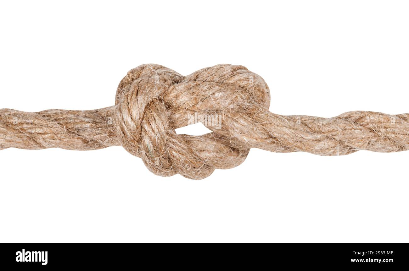 Un altro lato del nodo Overhand legato su di spessore corda di iuta isolati su sfondo bianco Foto Stock