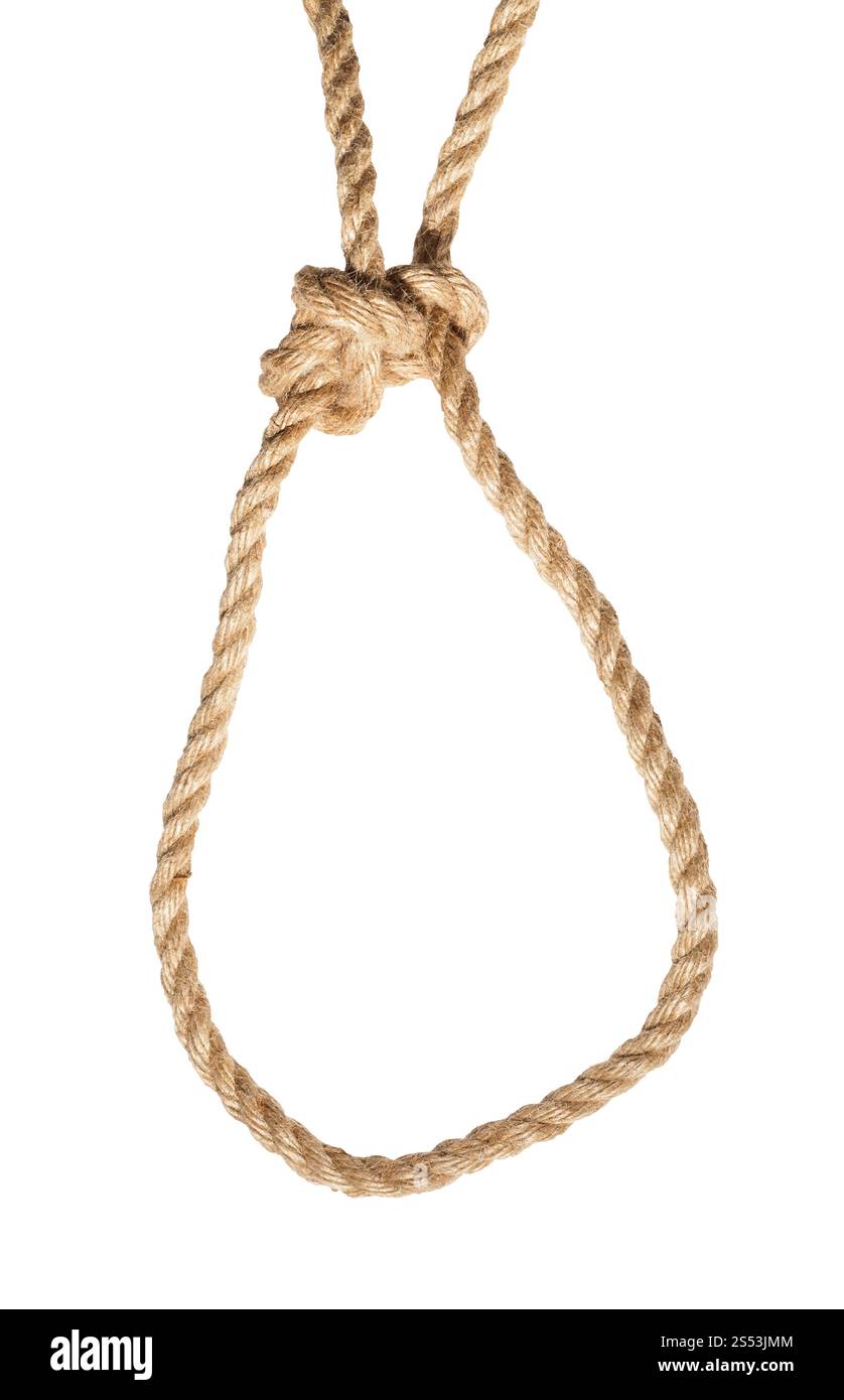Esecuzione di bolina nodo legato su di spessore corda di iuta isolati su sfondo bianco Foto Stock