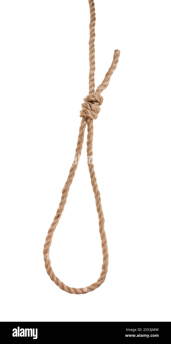 Un altro lato del cappio di slittamento con il patibolo knot legato su di spessore corda di iuta isolati su sfondo bianco Foto Stock