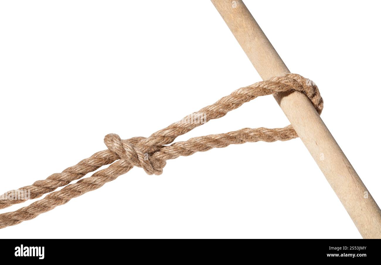 Scivolato overhand knot legato su di spessore corda di iuta isolati su sfondo bianco Foto Stock