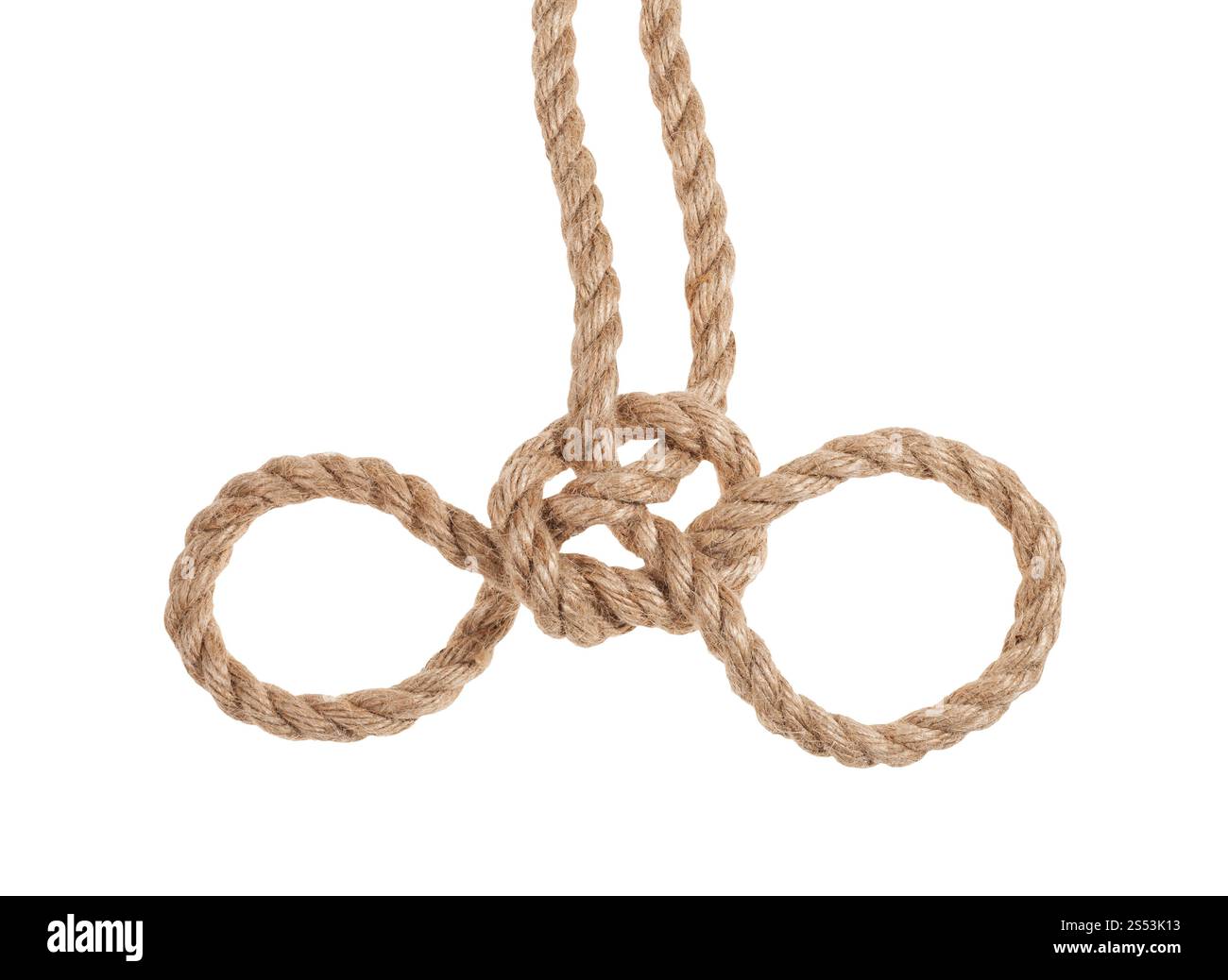 Un altro lato del nodo manette legato su di spessore corda di iuta isolati su sfondo bianco Foto Stock