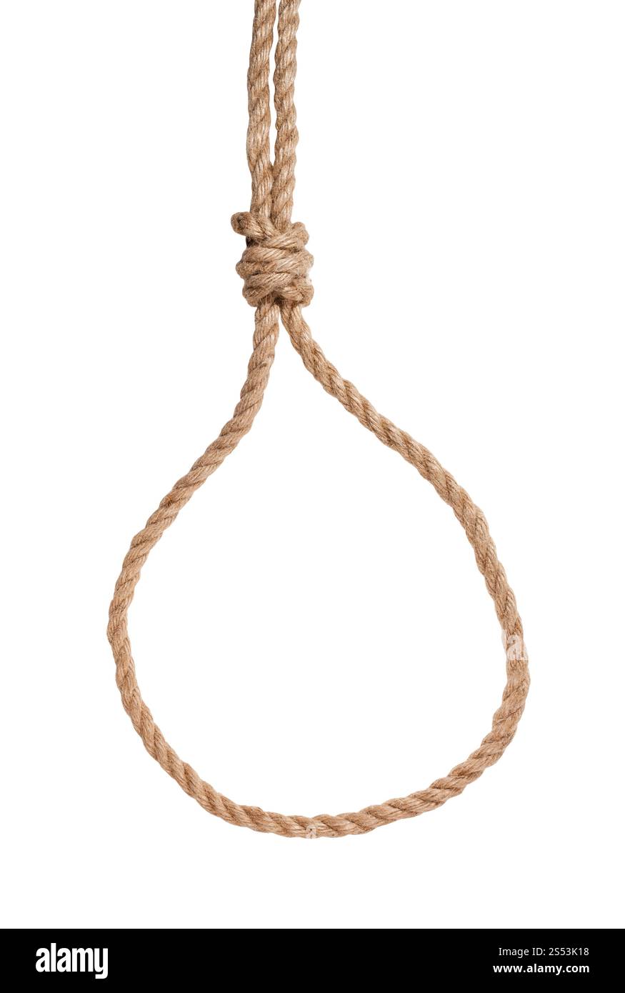 Slip cappio con nodo impalcatura legato su di spessore corda di iuta isolati su sfondo bianco Foto Stock