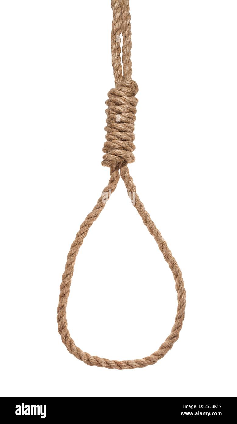 un altro lato di hangman si annoda su una spessa corda di iuta isolata su sfondo bianco Foto Stock