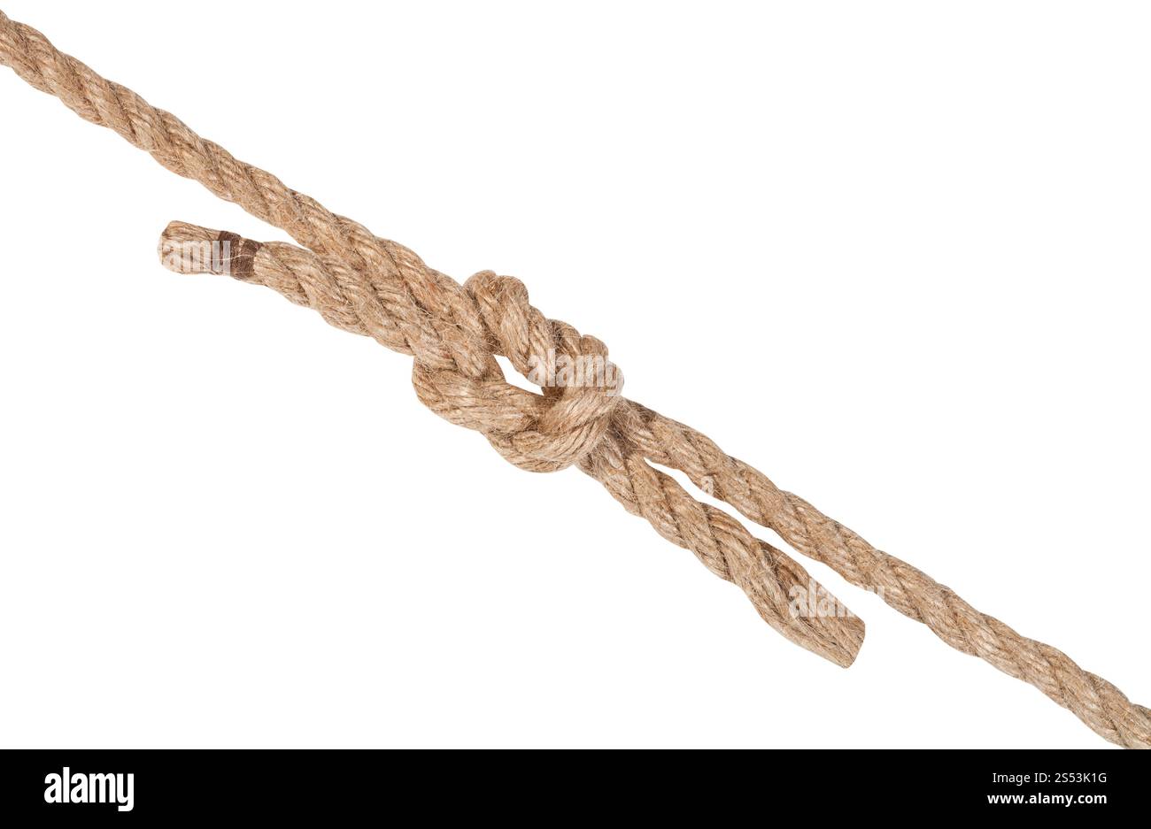 Reef knot unendo due cavi isolati su sfondo bianco Foto Stock