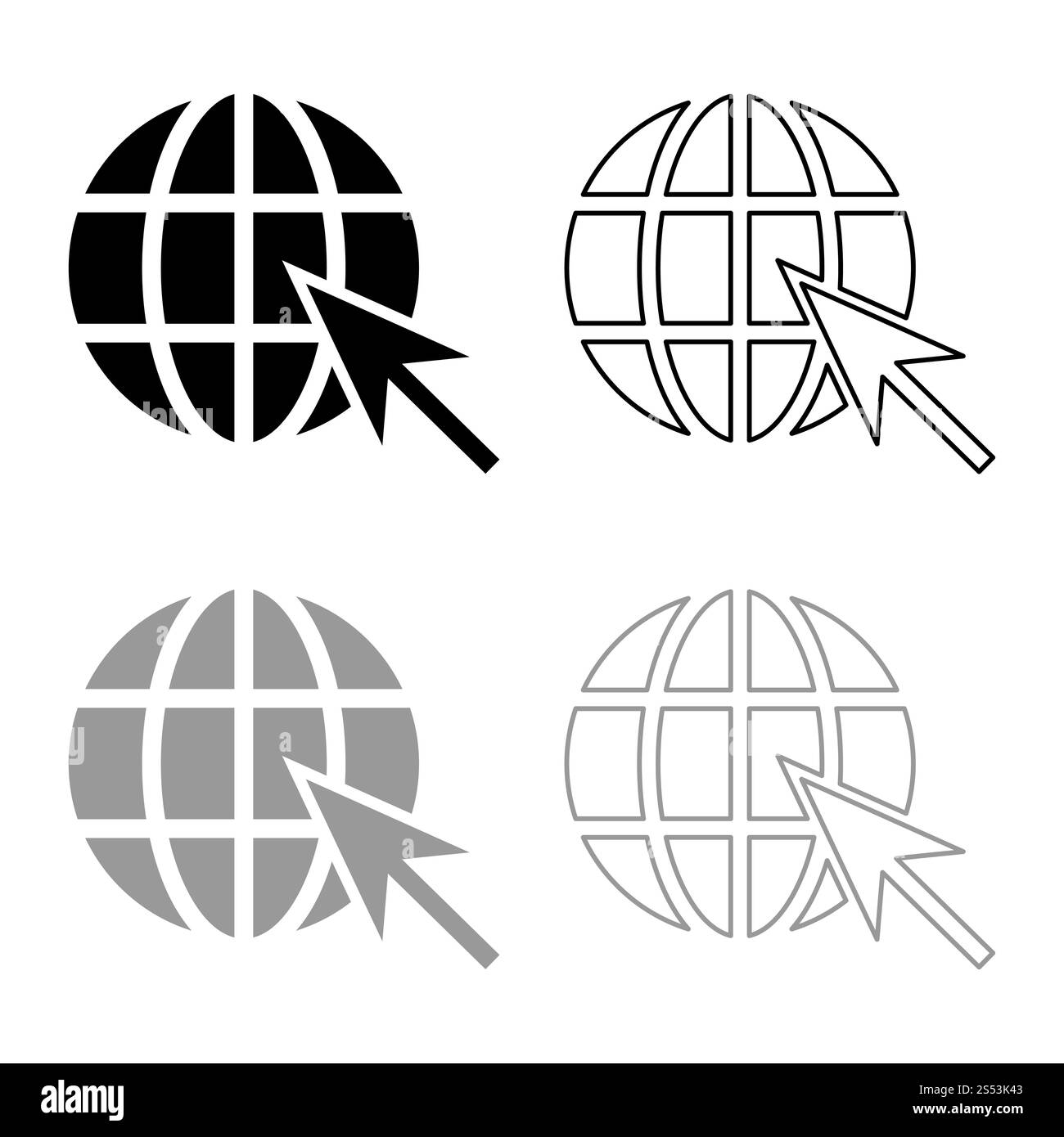 Sfera di terra e freccia Global internet web concetto di sfera e sito Web freccia simbolo icona set di contorno nero colore grigio illustrazione vettoriale stile piatto Foto Stock