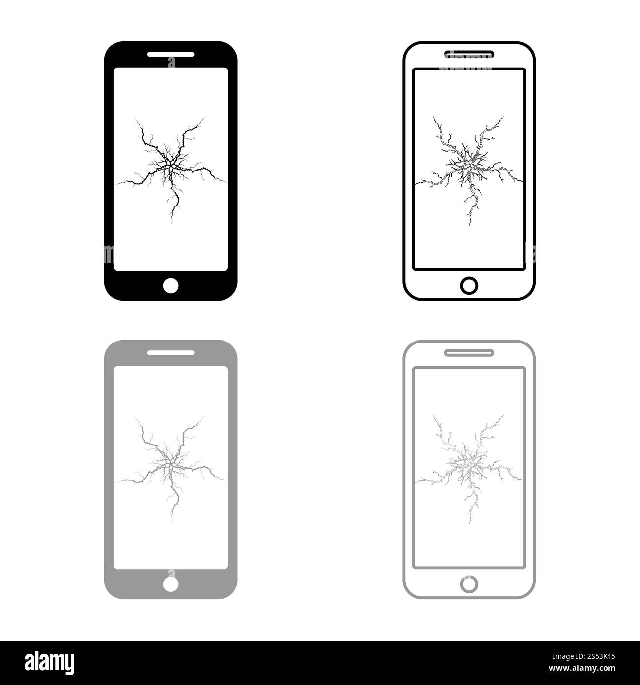 Smartphone con crash touch screen icona set di contorno nero colore grigio illustrazione vettoriale stile piatto semplice immagine Foto Stock