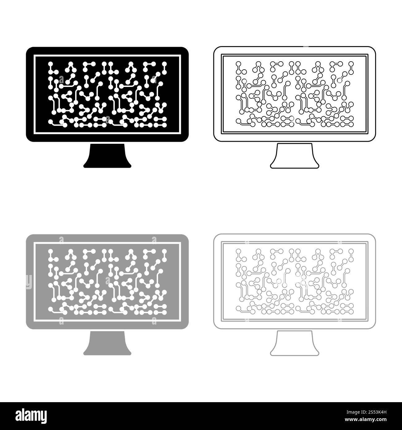 Schermo con lo schema concetto tecnologico icona set di contorno nero colore grigio illustrazione vettoriale stile piatto semplice immagine Foto Stock