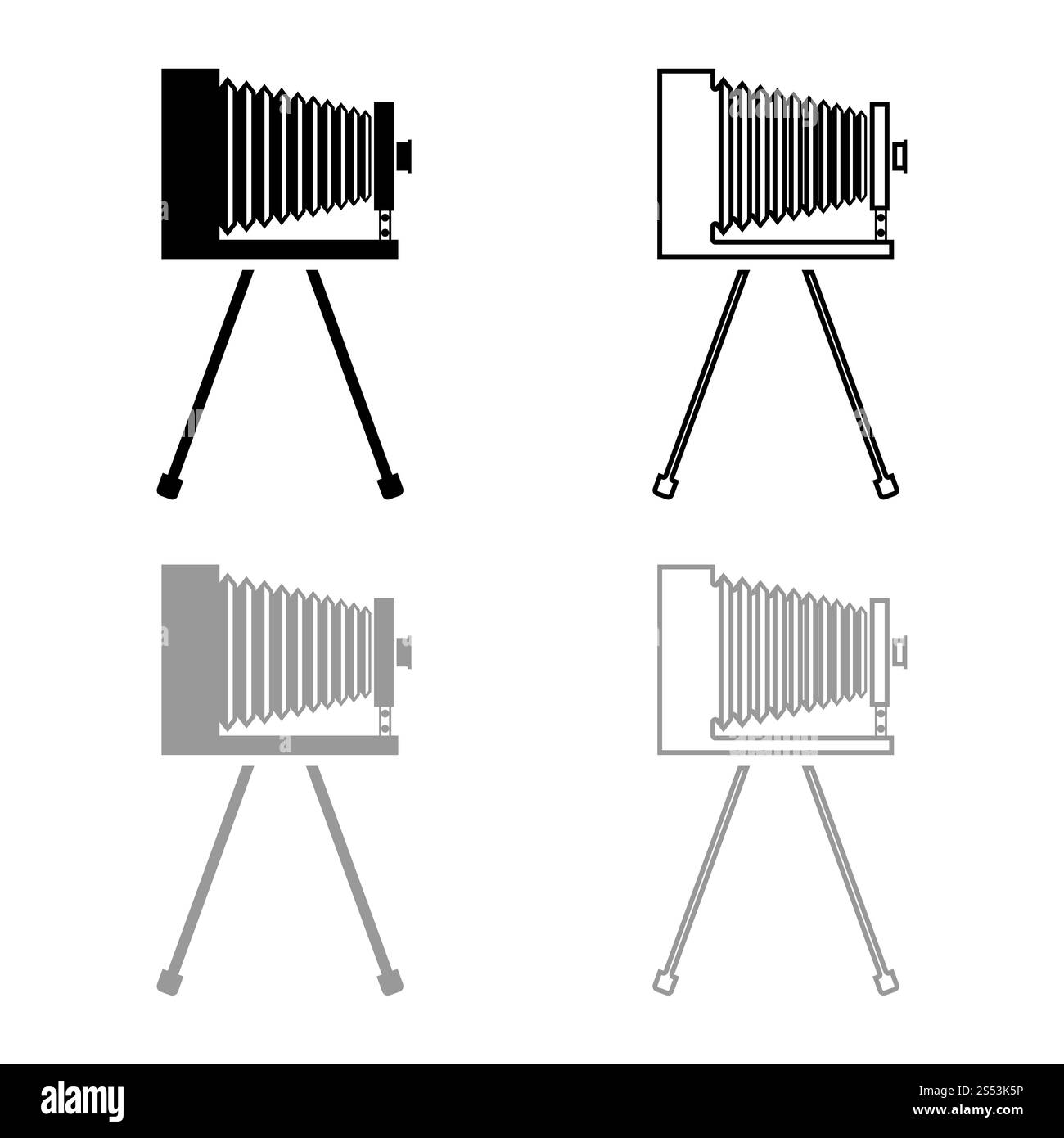Retrò fotocamera su treppiede analogico vintage cinepresa vecchia foto icona fotocamera set di contorno nero colore grigio illustrazione vettoriale stile piatto semplice immagine Foto Stock