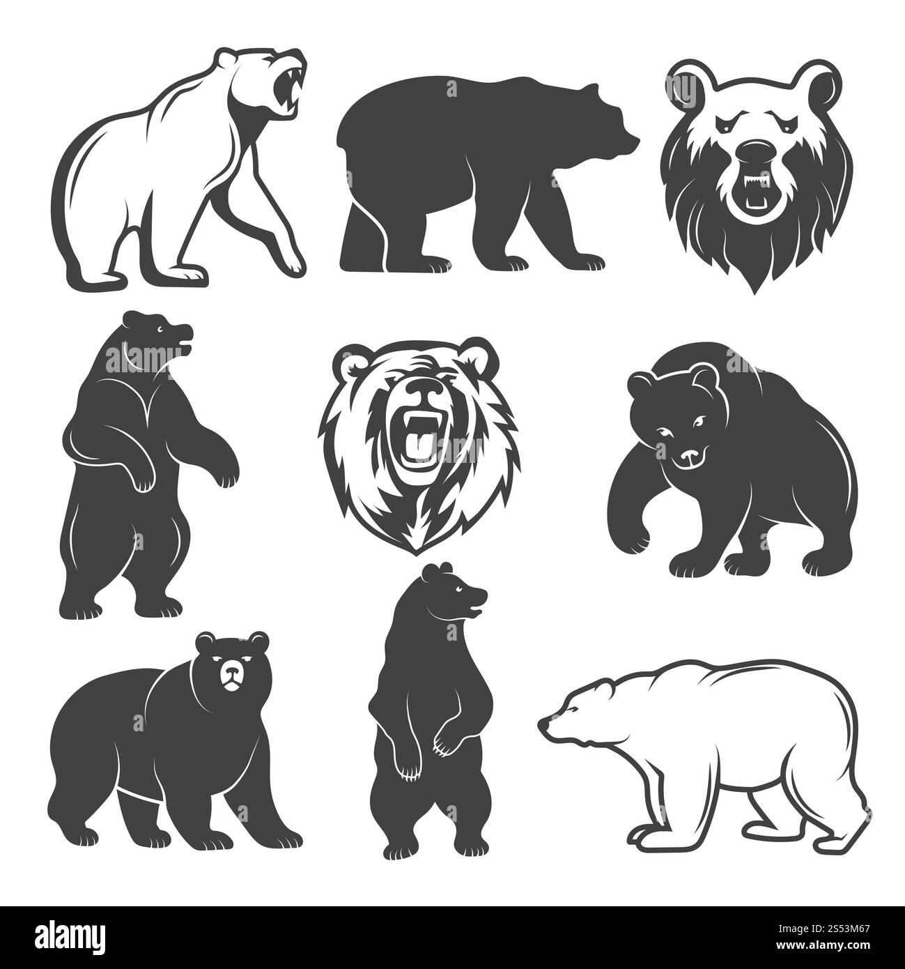 Illustrazioni monocromatiche di orsi stilizzati. Set di immagini per il design di logo o badge. Animale dell'orso vettoriale, mammifero selvatico silhouette monocromatica. Foto Stock
