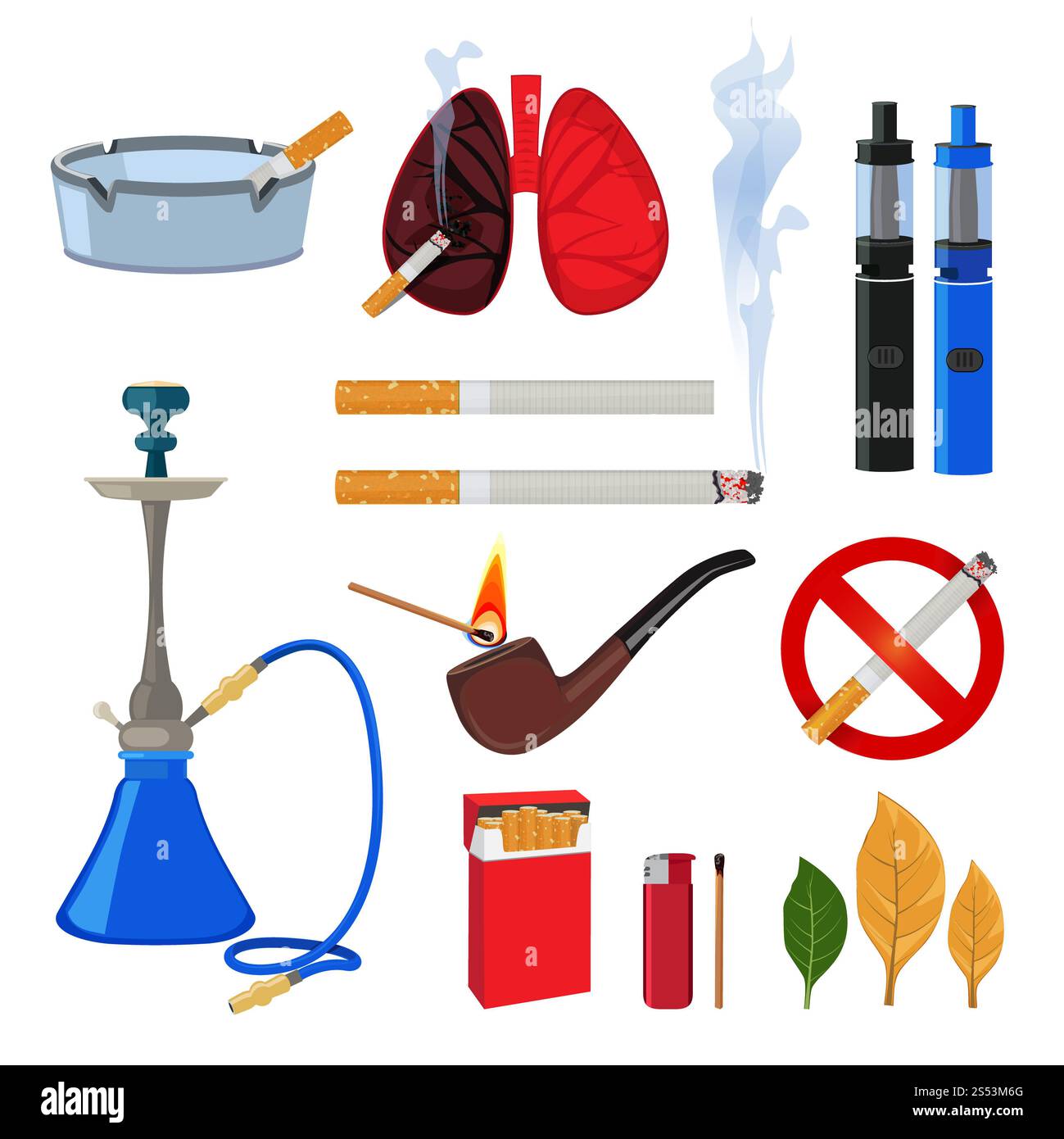 Tabacco, sigarette e diversi accessori per fumatori. Abitudine al fumo, accendisigari e accessori, vipera e sigaretta. Illustrazione vettoriale. Tabacco, Foto Stock