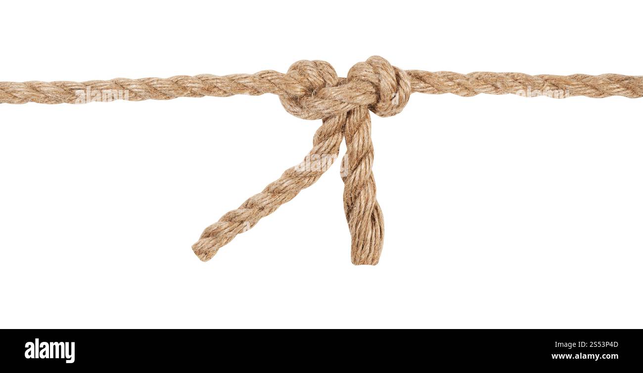 Un altro lato del nodo di erba la giunzione di due corde isolati su sfondo bianco Foto Stock