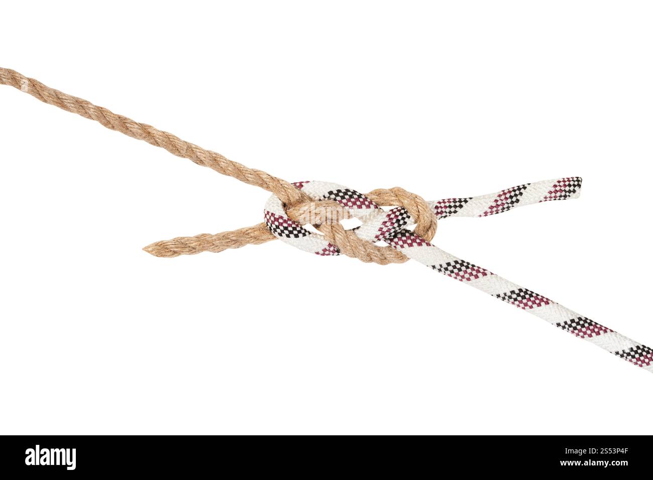 nodo della piastra di protezione dei marinai che unisce due corde isolate su sfondo bianco Foto Stock