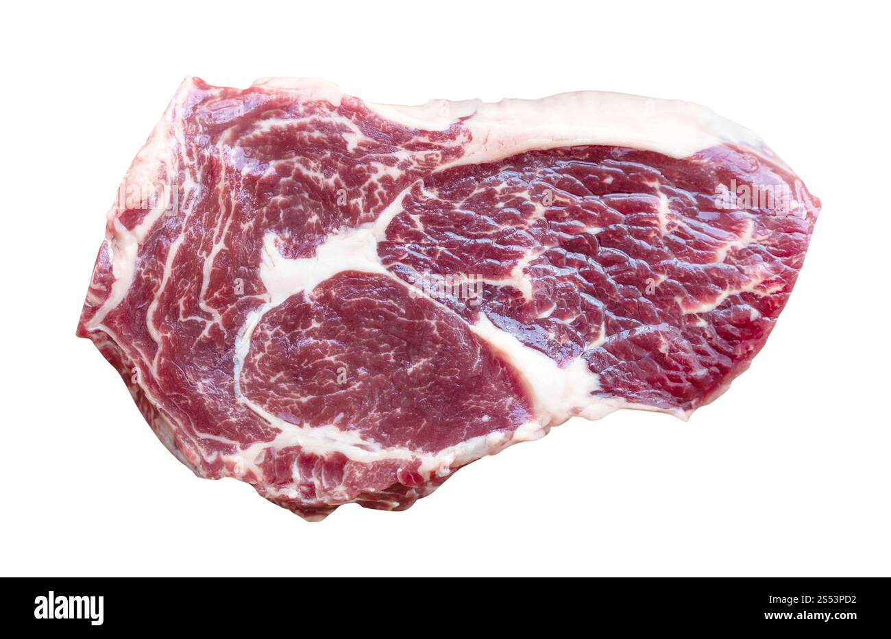 In marmo grezzo bistecca di manzo isolato su sfondo bianco Foto Stock