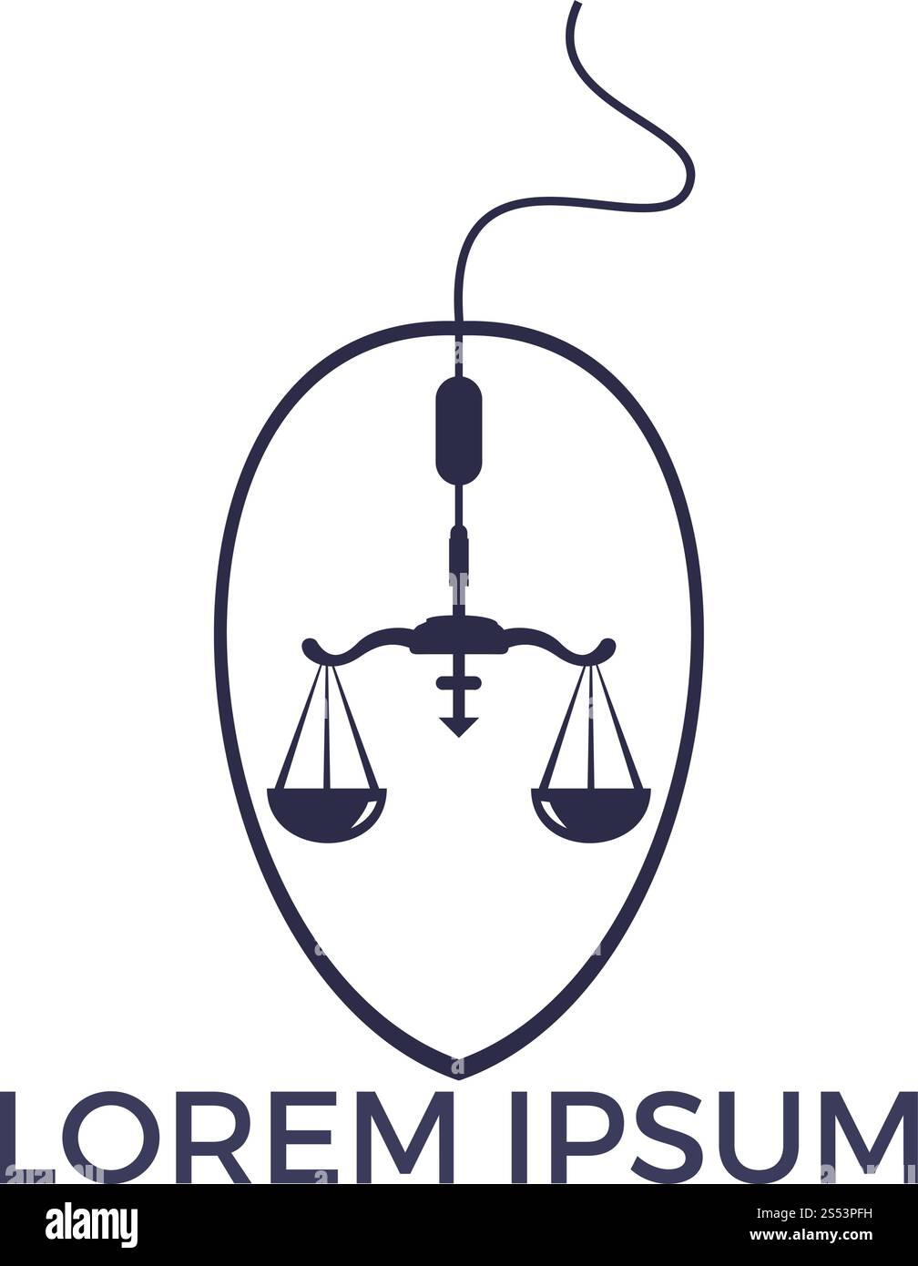 Concept di design dei logo aziendali online. Design del logo del servizio di arbitro. Scale e simbolo o icona del cursore. Modello di legge e logotipo digitale unico. Illustrazione Vettoriale