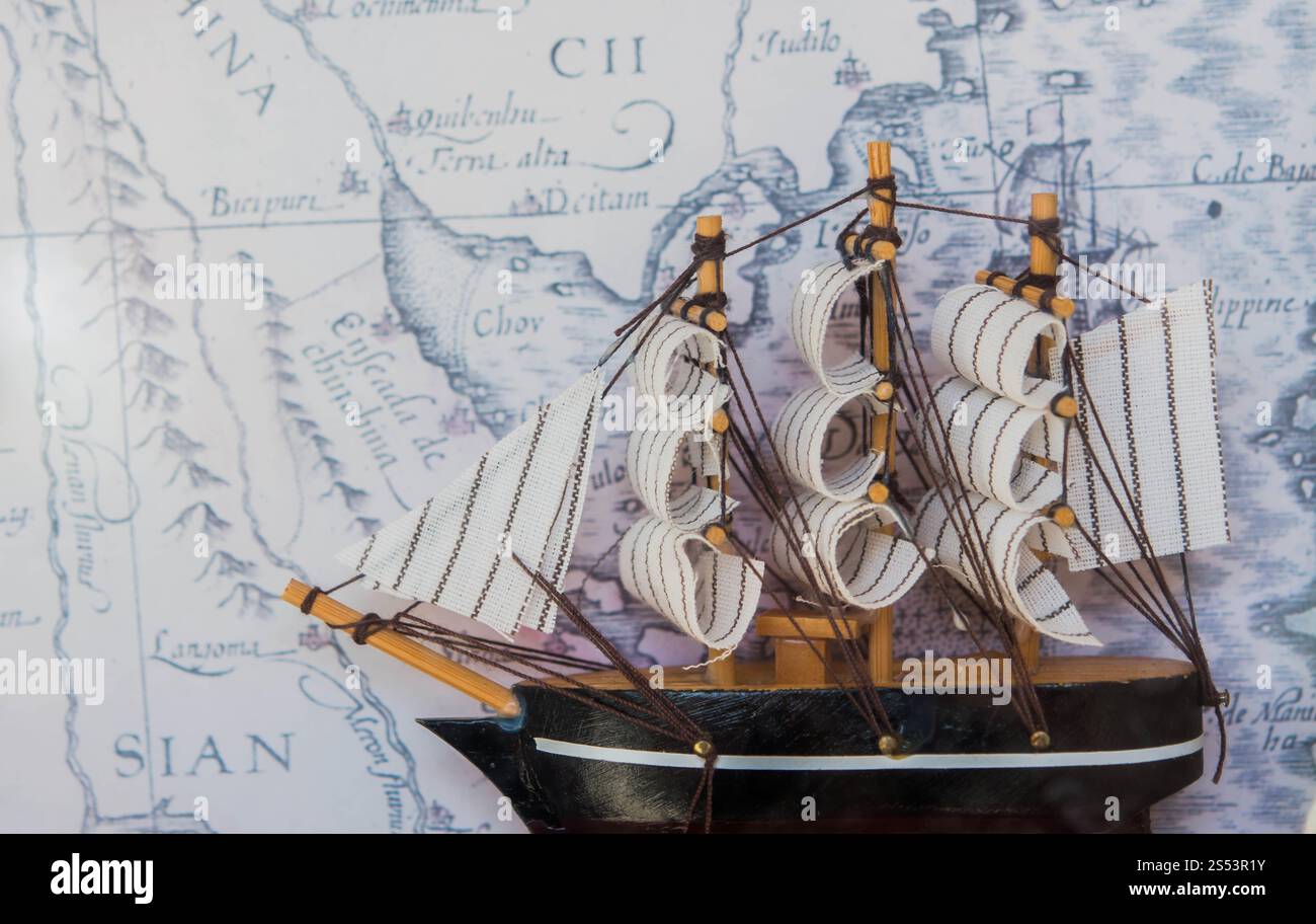 Vista sulla barca a vela cartina dei pirati d'antiquariato Foto Stock