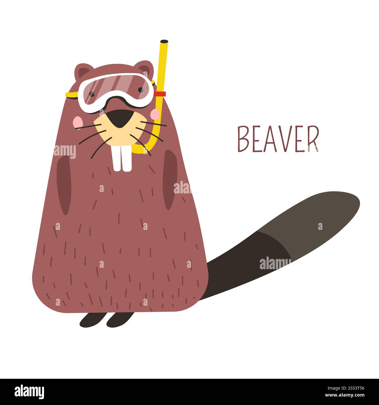 Beaver in maschera subacquea personaggio del libro dei cartoni animati per bambini. Animale della foresta che vive sulle rive del fiume e costruisce dighe. Mammifero umanizzato con attrezzature da a. Foto Stock