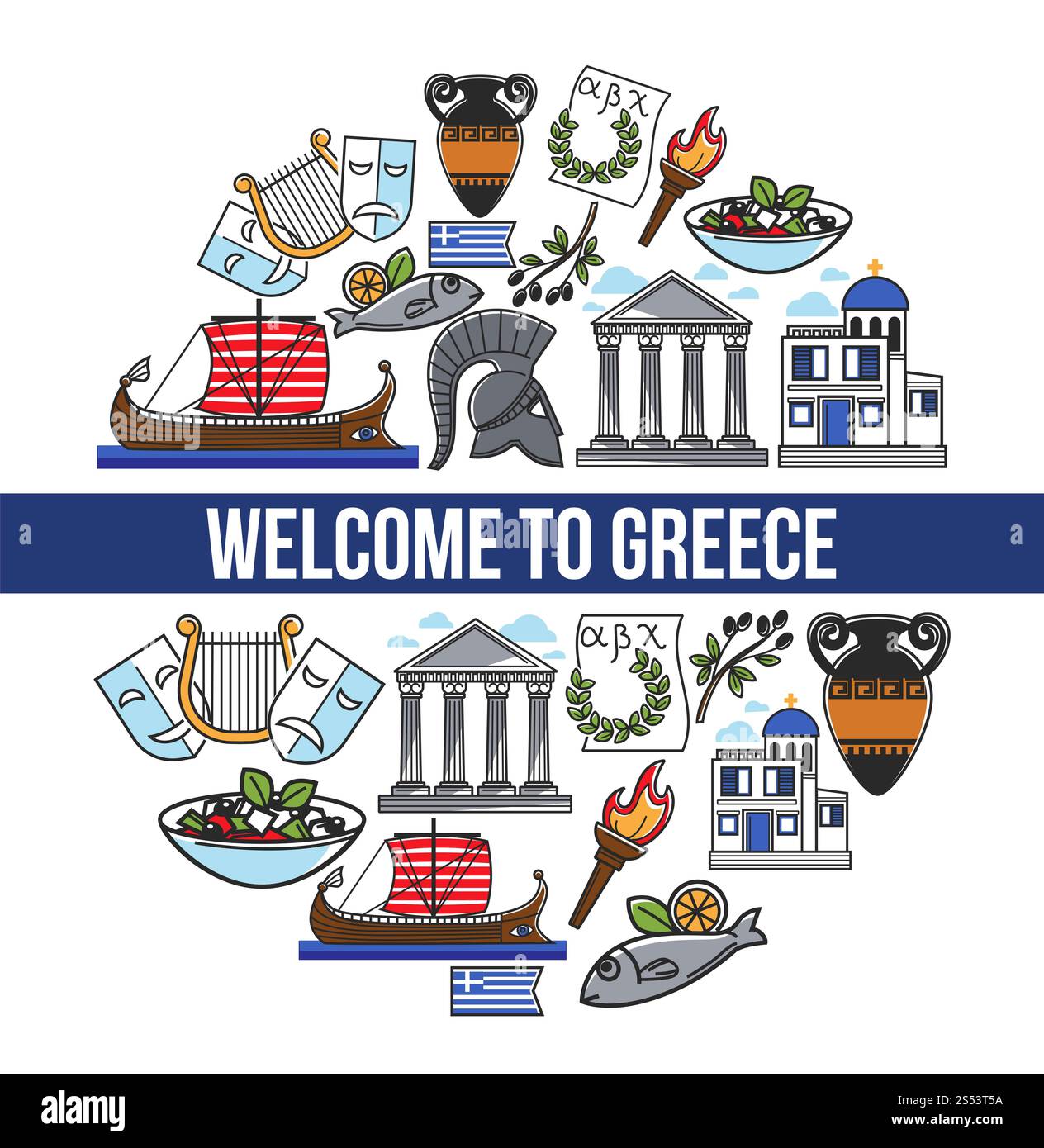 Benvenuti in Grecia poster promozionale con simboli nazionali. Costruzioni architettoniche, reliquie storiche e cucina deliziosa in cerchio su striscione Foto Stock