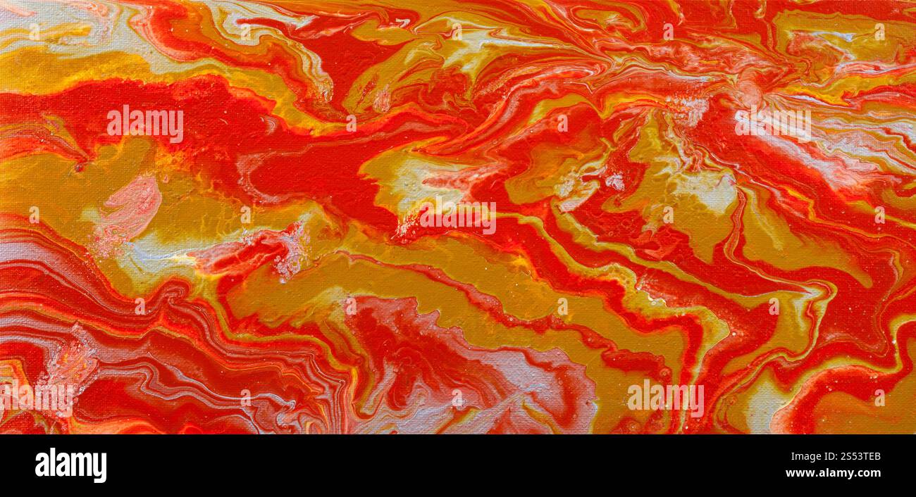 Foto astratte dipinte a mano il fluido in flusso acrilico tecnica di pittura dal rosso, grigio e giallo pitture su tela Foto Stock