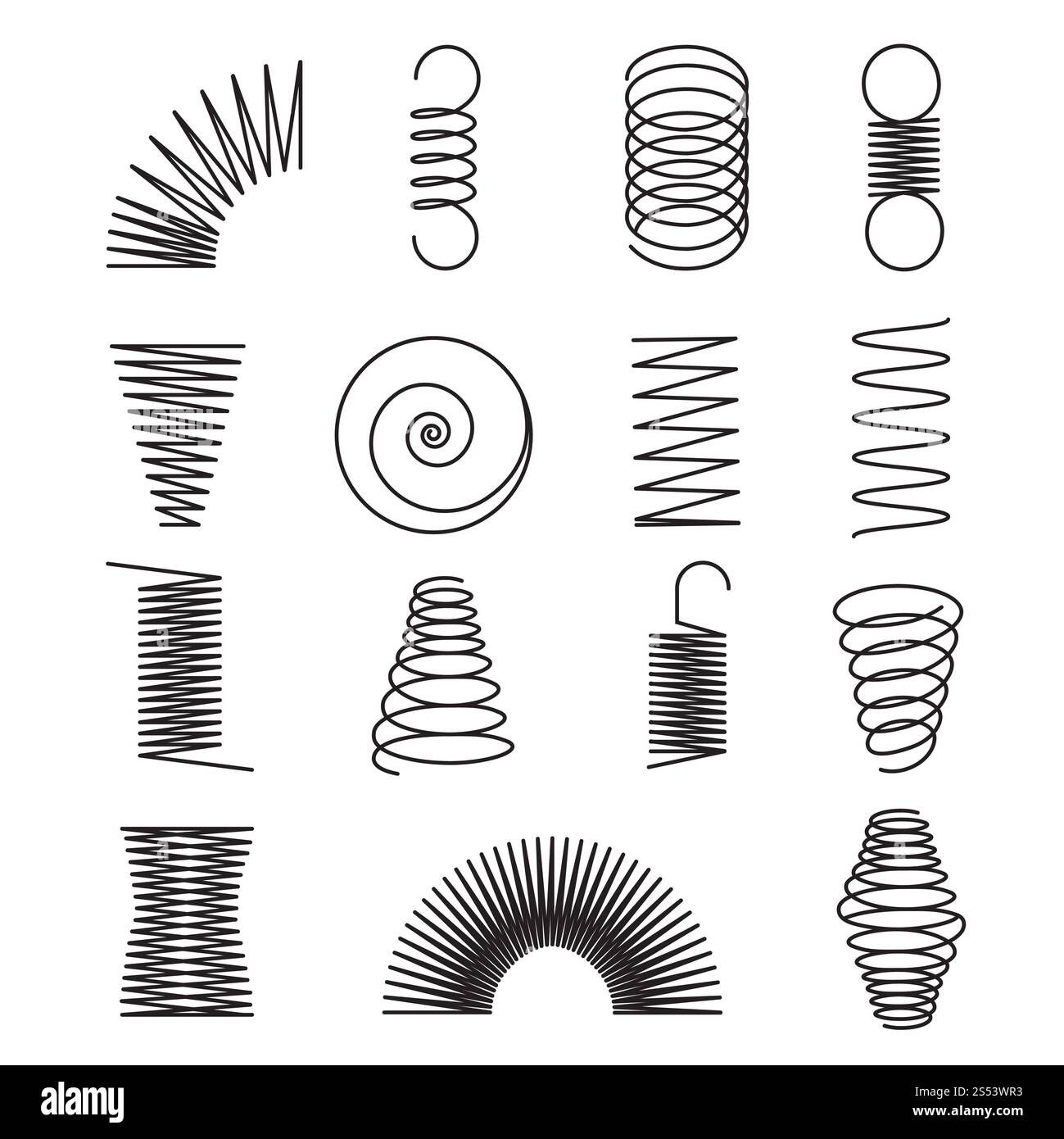 Molle metalliche. Linee a spirale, forme della bobina simboli vettoriali isolati. Immagine della linea flessibile a spirale e a molla. Molle metalliche. Linee a spirale, bobina Foto Stock