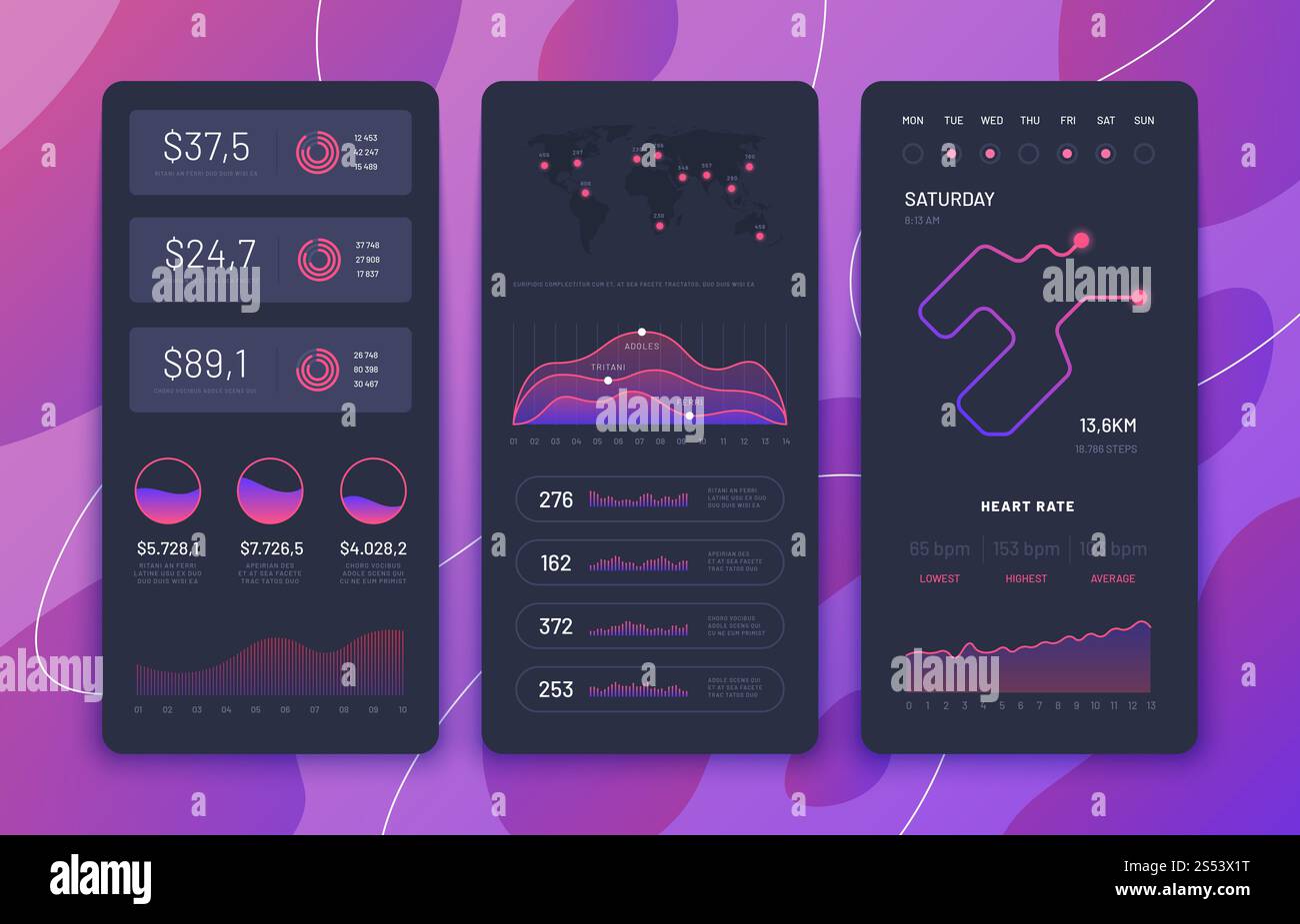 interfaccia utente dell'app fitness. Dashboard telefoniche con carte, diagrammi e mappa di navigazione. L'applicazione per smartphone visualizza il design vettoriale. Navigazione Sport RUN Foto Stock