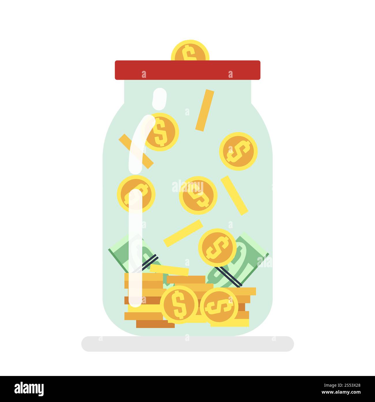 Illustrazione vettoriale piatta del vaso in vetro per risparmiare denaro. Deposito e scatola dei soldi, guadagni e profitti. Illustrazione vettoriale piatta del vaso in vetro per risparmiare denaro Foto Stock