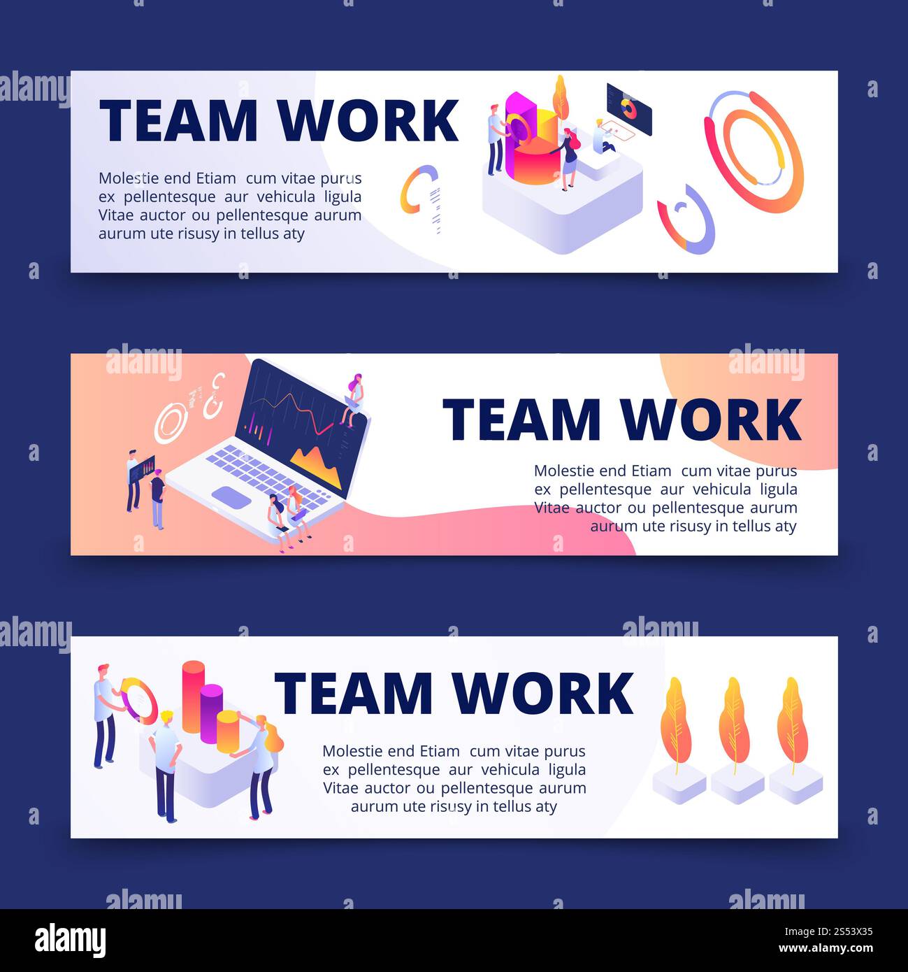 Modello di banner vettoriali per il lavoro di squadra con persone isometriche. Illustrazione del lavoro del team isometrico aziendale con infografica. Banner vettoriali per il lavoro di squadra Foto Stock
