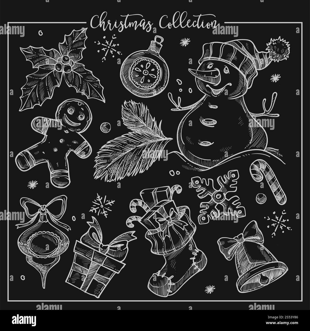 Collezione natalizia di elementi tradizionali simbolici contorno monocromatico vettoriale. Pupazzo di neve con naso di carota, foglie di piante di vischio, fiocchi di neve Foto Stock