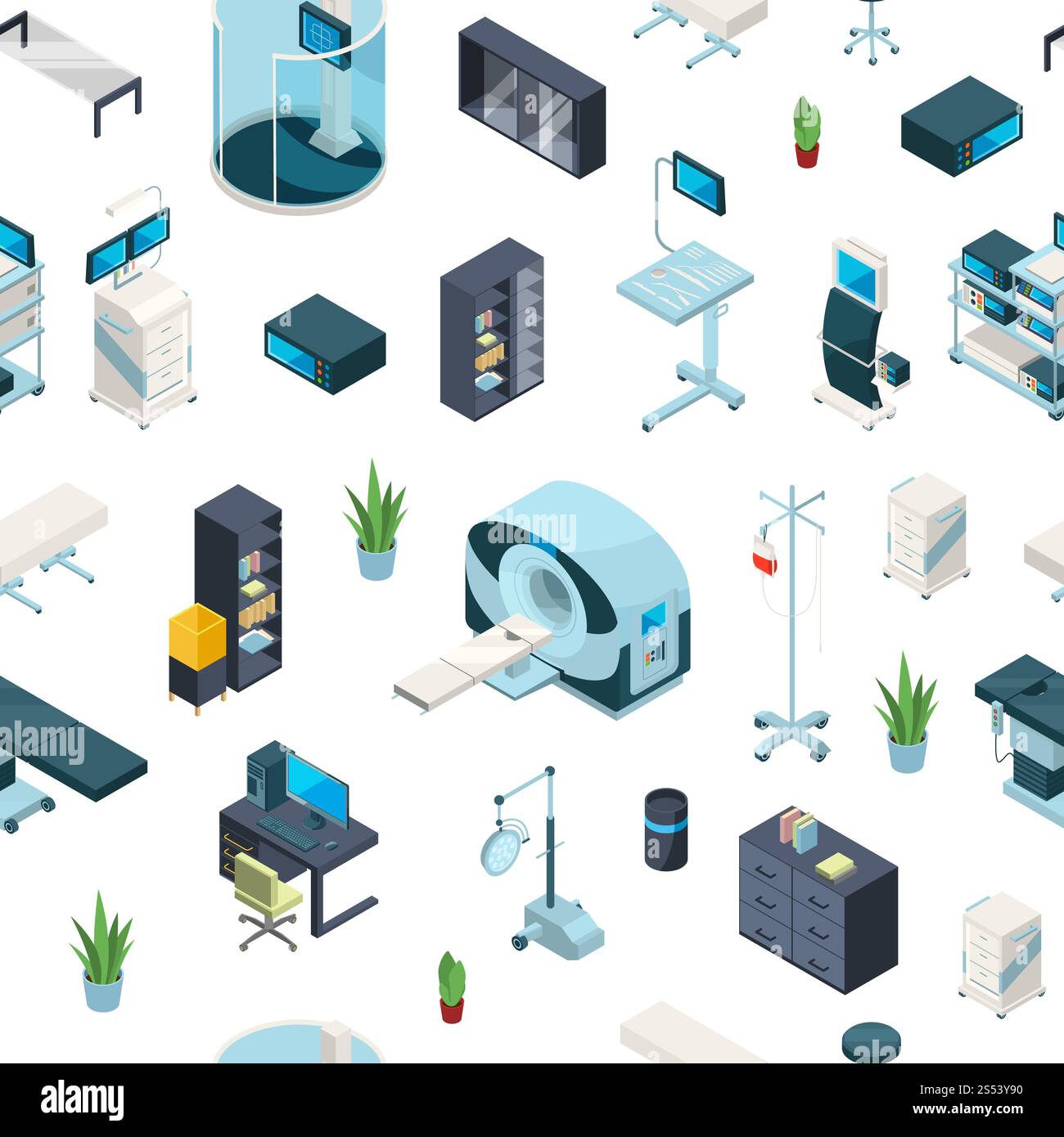Schema delle icone isometriche vettoriali dell'ospedale o illustrazione di sfondo. Immagine della radiografia e del dispositivo rm 3d. Schema delle icone isometriche vettoriali dell'ospedale Foto Stock
