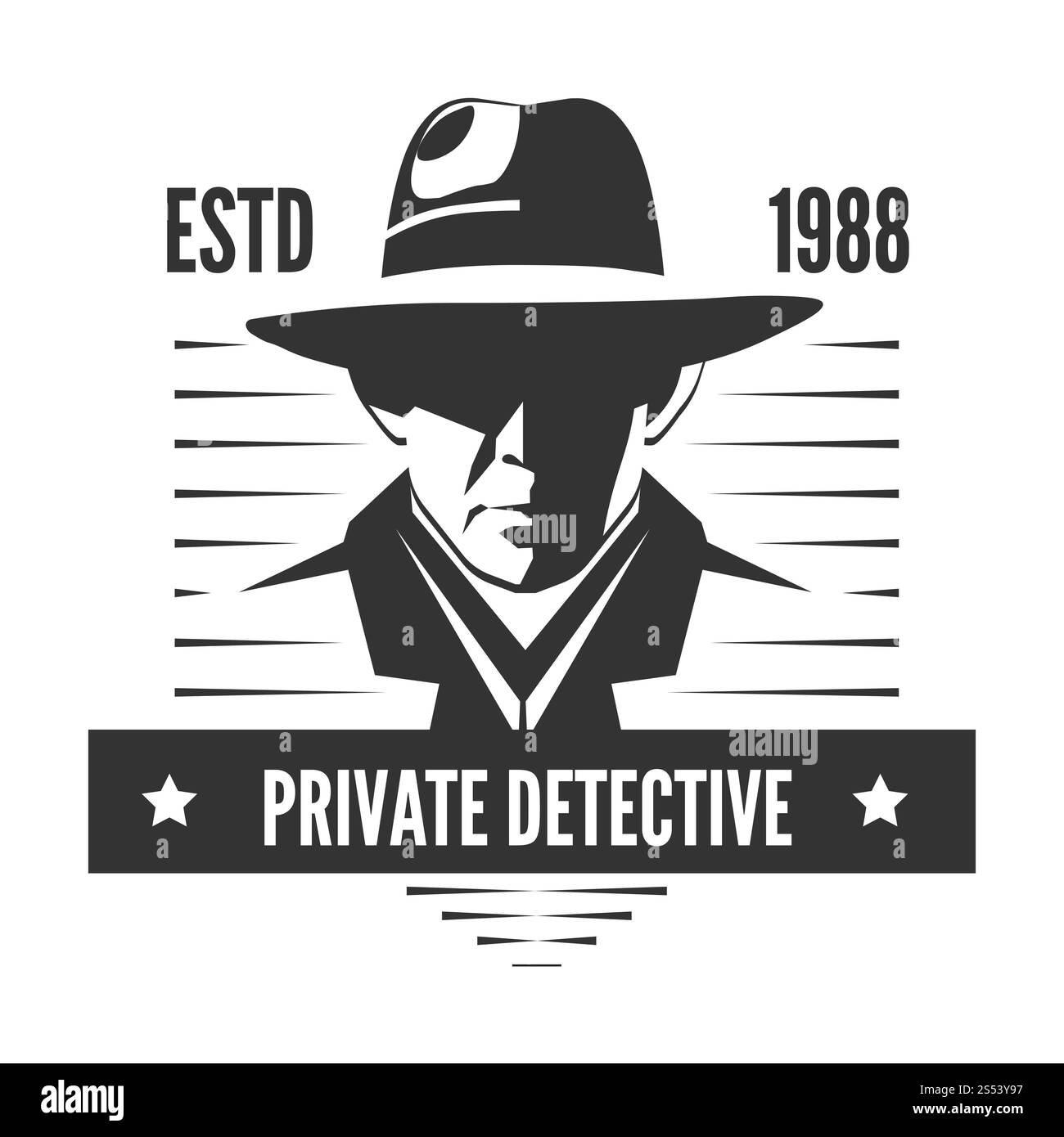 Logo investigativo privato di uomo vettoriale in cappello per l'agenzia di servizi investigativi o agente segreto di spionaggio su sfondo bianco. Logo investigatore privato di Foto Stock