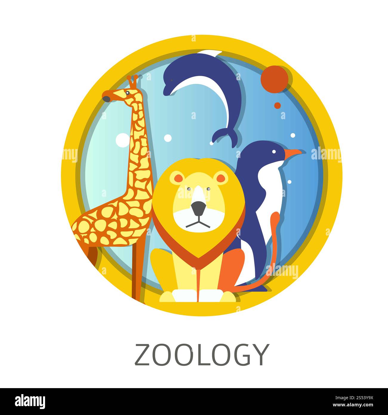 Studio di disciplina della scuola di zoologia sugli animali e sulla fauna vettoriale. Rappresentanti tropicali del mondo selvaggio, giraffa tigre, pinguini e delfini, acquatici Foto Stock