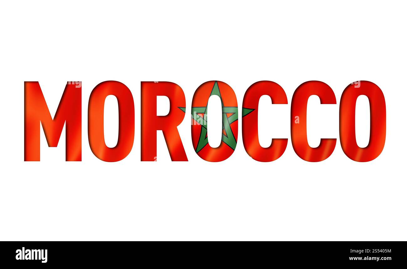 font testo flag marocchino. sfondo simbolo marocco. font testo bandiera marocco Foto Stock