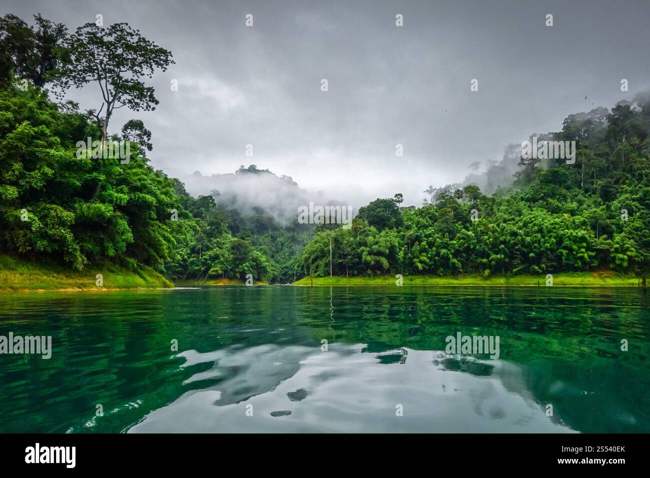 Mattina nebbiosa sul lago Cheow LAN nel Parco Nazionale di Khao Sok, Thailandia. Mattina nebbiosa sul lago Cheow LAN, Parco Nazionale Khao Sok, Thailandia Foto Stock