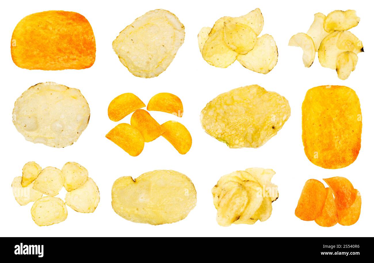 Varie le patatine isolati su sfondo bianco Foto Stock