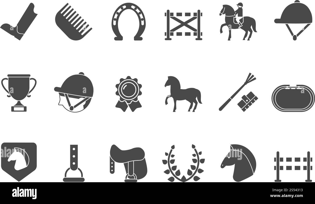 Sagome di simboli dello sport equestre. Cavalli da corsa per competizioni sportive equestri, equitazione fantino, illustrazione vettoriale. Sagome di simboli dello sport equestre. Corse di cavalli Illustrazione Vettoriale