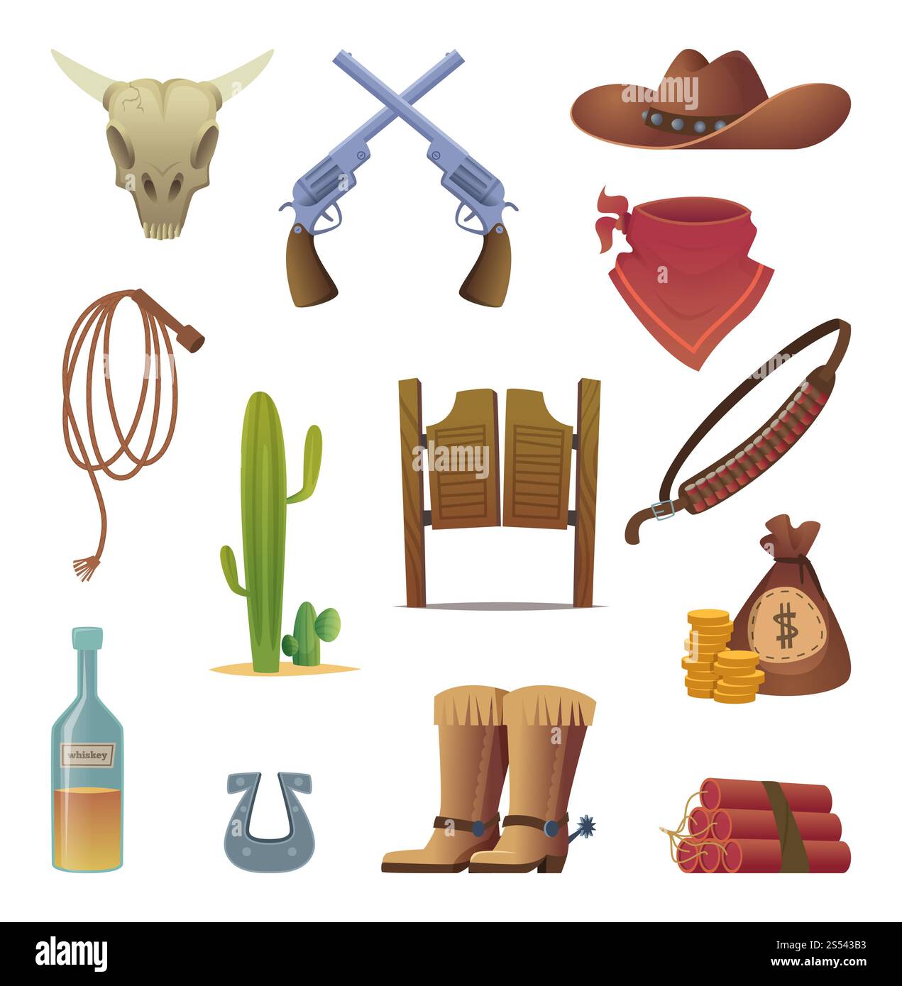 Icona Wild West. Collezione di cartoni animati vettoriali con simboli western dei Cowboys, stivali da saloon, rodeo lasso. Illutsration del selvaggio West, pistola e cappello, ferro di cavallo Foto Stock
