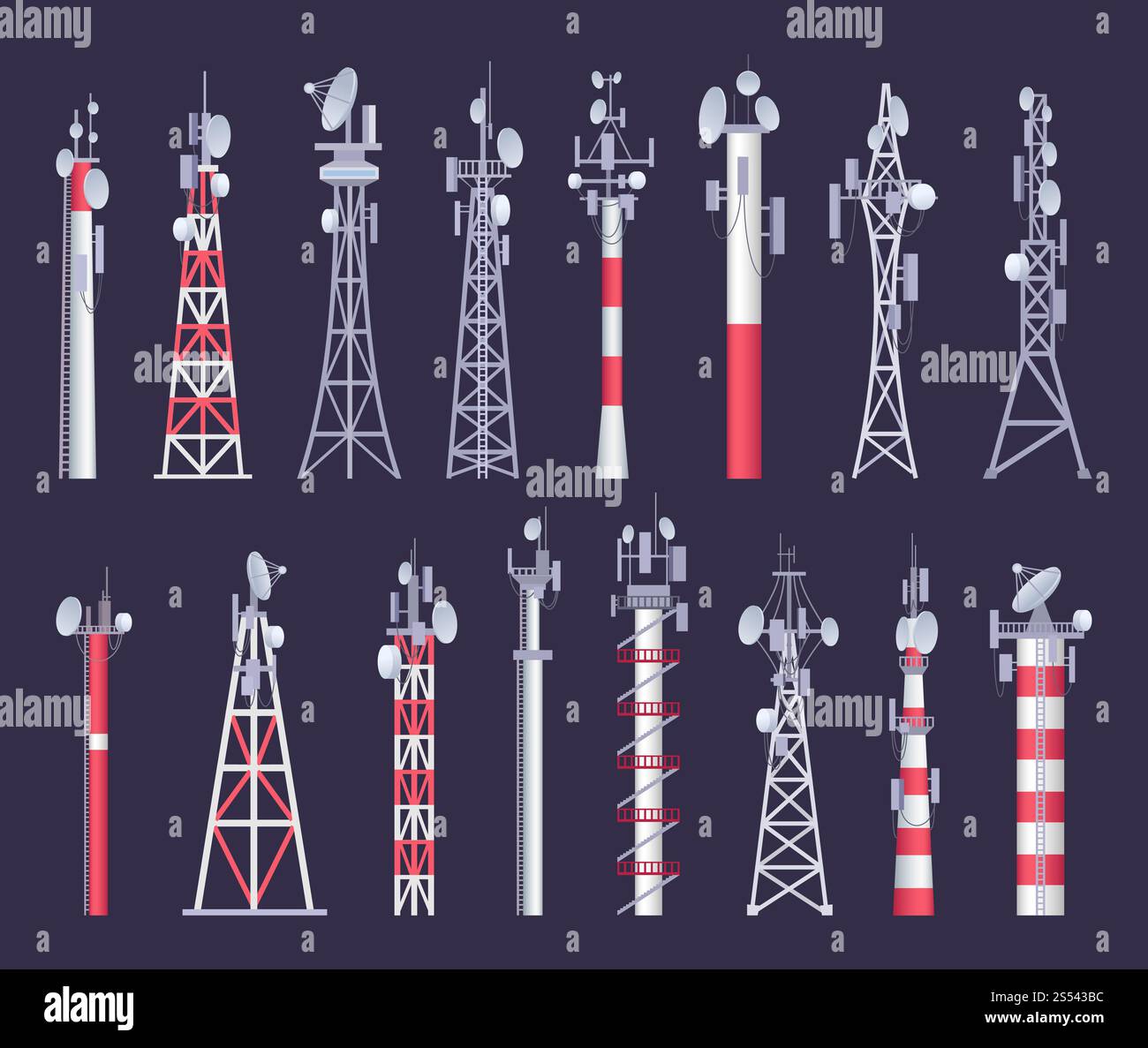 Tower wireless. Immagini vettoriali del segnale antenna satellitare della rete radio TV. Immagine della torre radio impostata e della trasmissione di rete Foto Stock