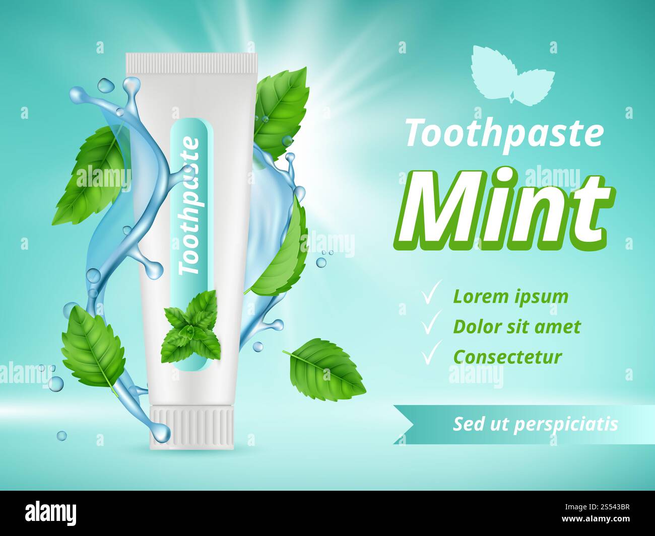 Dentifricio alla menta. Protezione delle ammaccature igiene orale che pubblicizza il modello realistico del vettore della targhetta. Igiene e salute antibatterica, illustrazione denti puliti. Foto Stock