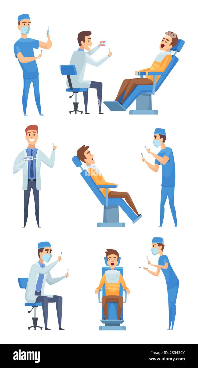Dentisti cose mediche. Caratteri sanitari attrezzature stomatologiche per dentisti clinica bocca cabina diagnostica immagini vettoriali. Dentista Foto Stock