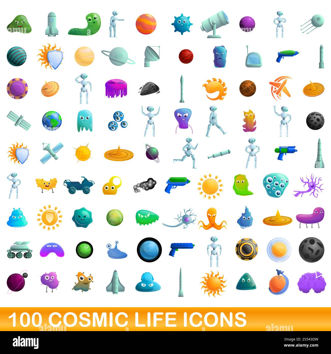 Set di icone di vita cosmica. Set di cartoni animati di 100 icone vettoriali cosmiche per Web isolate su sfondo bianco. Set di icone di vita cosmica, stile cartoni animati Foto Stock
