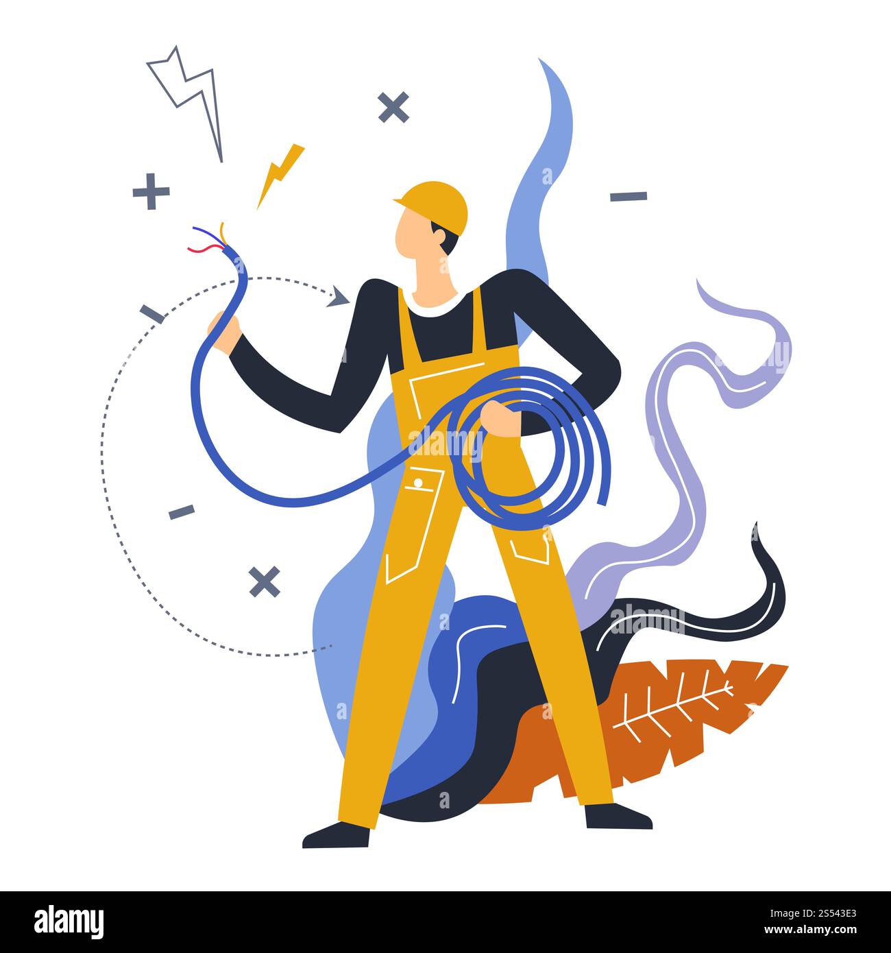 Elettricista assistenza elettrica professionale uomo che indossa una persona vettoriale uniforme con cavo metallico arrotolato nel cablaggio circolare sull'elettricità domestica Foto Stock